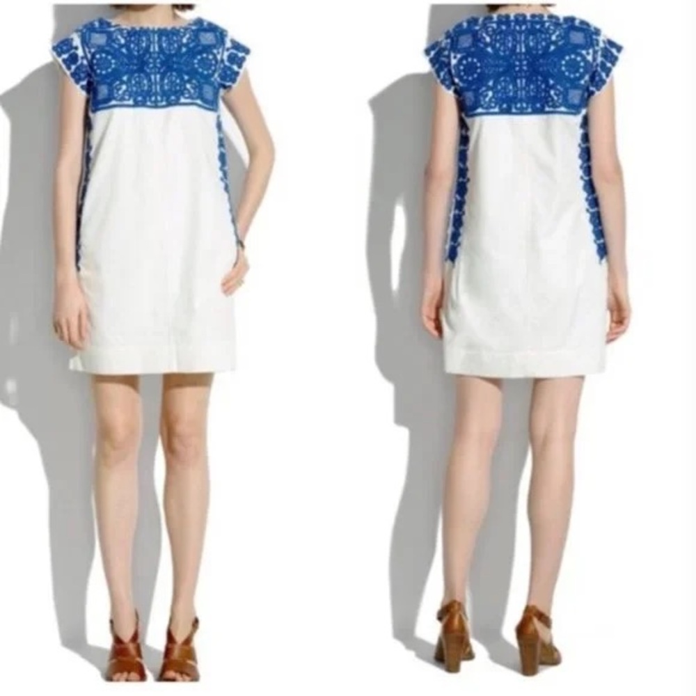 Madewell Embroidered Dress in Blue and Cream. Cotton. Size Medium.